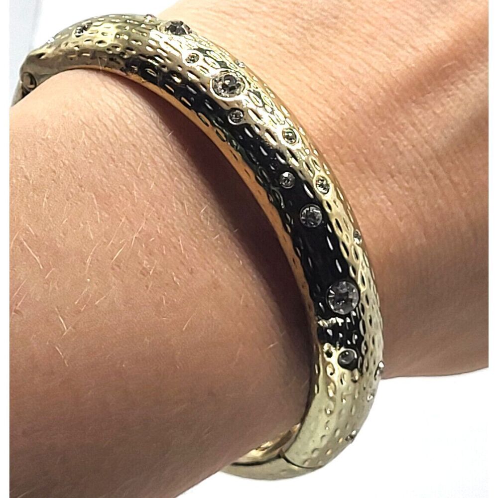 Premiere Designs Silver Hinged Bangle Bracelet, Inset Rhinestones 2.6 in dia